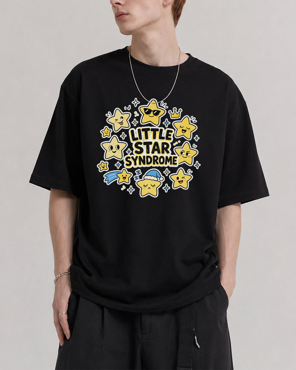Little Star Syndrome Funny Graphic T-Shirt in Black, front model view 1