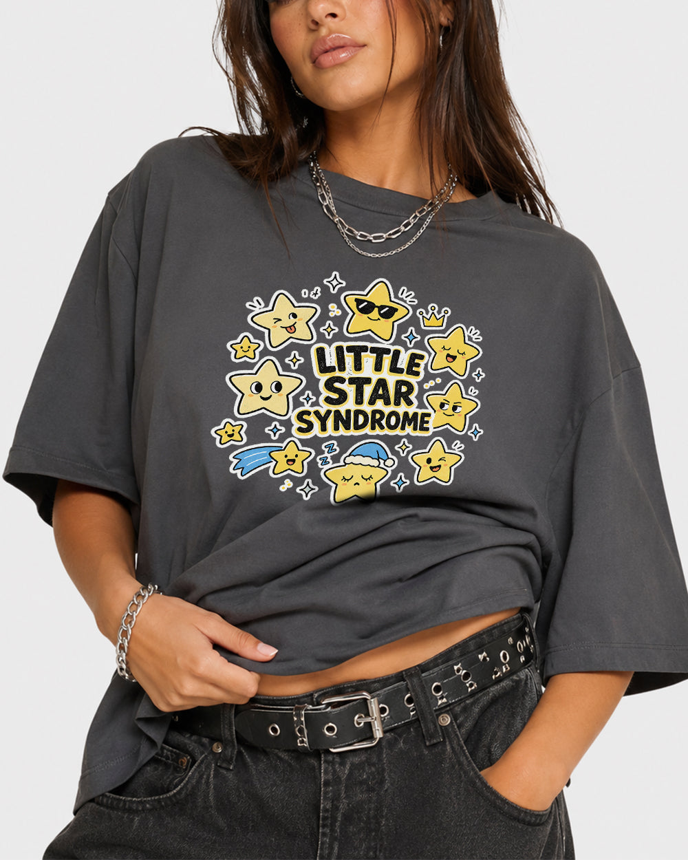 Little Star Syndrome Funny Graphic T-Shirt in Gray, front model view 4