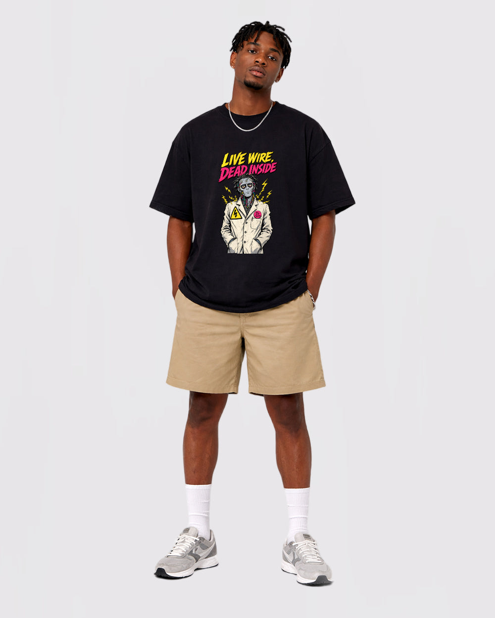 Beige Live Wire Dead Inside Graphic T-Shirt full body fit view 2 image