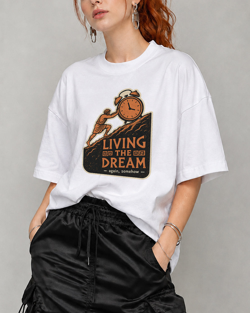 Living the Dream Pop Culture Graphic T-Shirt in White, front model view 7