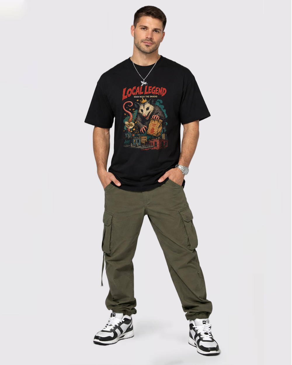 Local Legend Seen Near the Snacks Retro Graphic T-Shirt, full body fit view, image 2