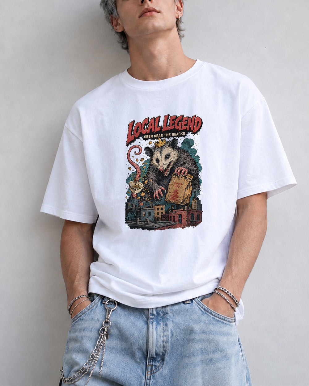 Local Legend Seen Near the Snacks Retro Graphic T-Shirt in White, front model view 7