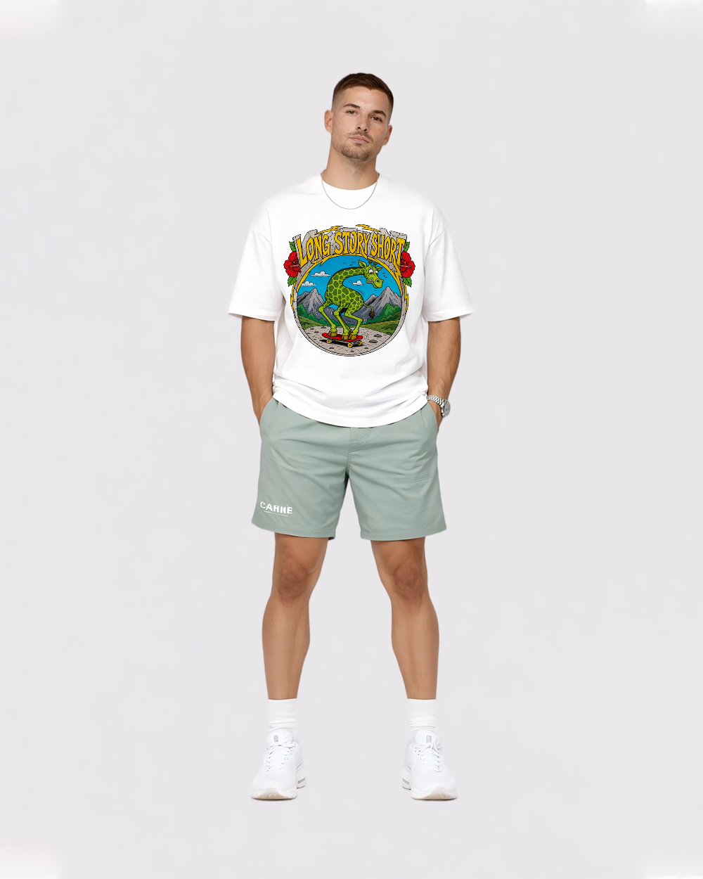 Long Story Short Retro Graphic T-Shirt, full body fit view, image 2