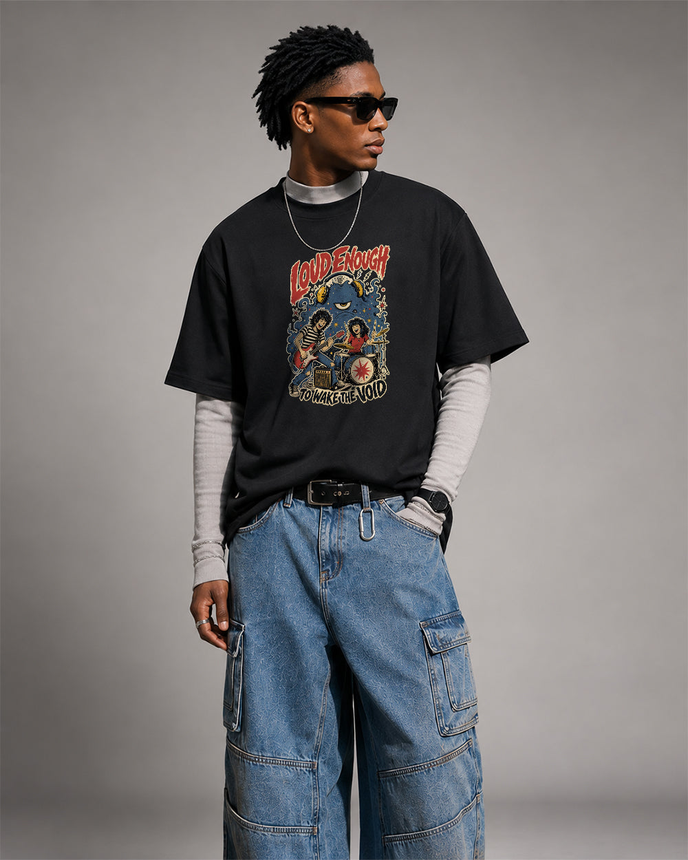 Loud Enough To Wake The Void Dark Graphic T-Shirt in Black, front model view 2