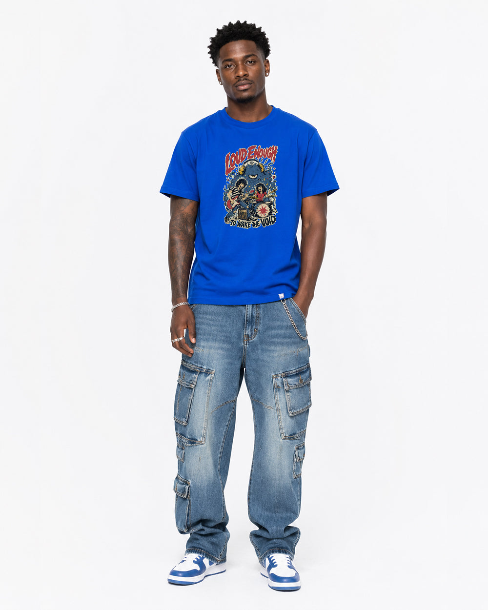 Loud Enough To Wake The Void Dark Graphic T-Shirt in Blue, front model view 1