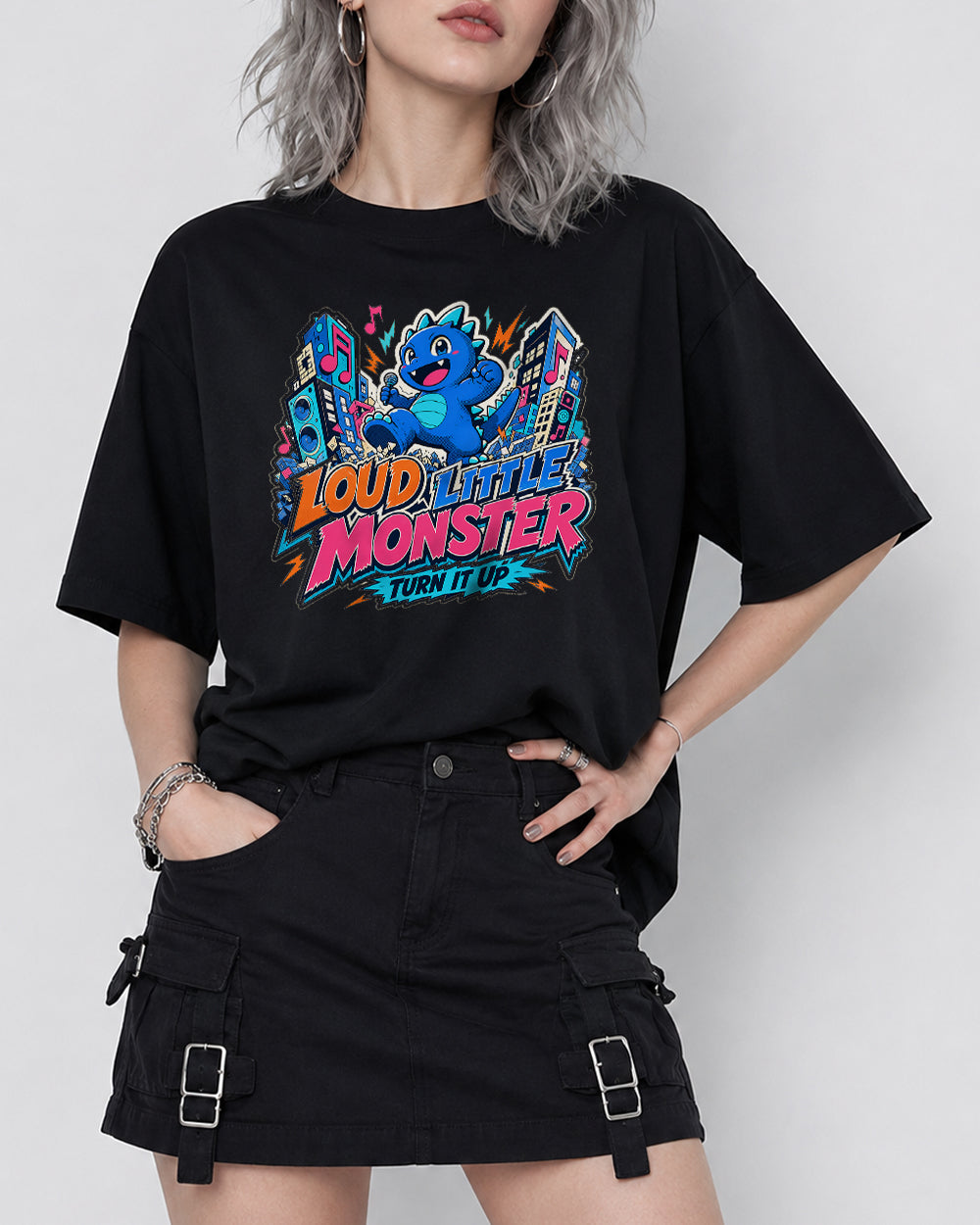 Loud Little Monster Turn It Up Streetwear Graphic T-Shirt in Black, front model view 1