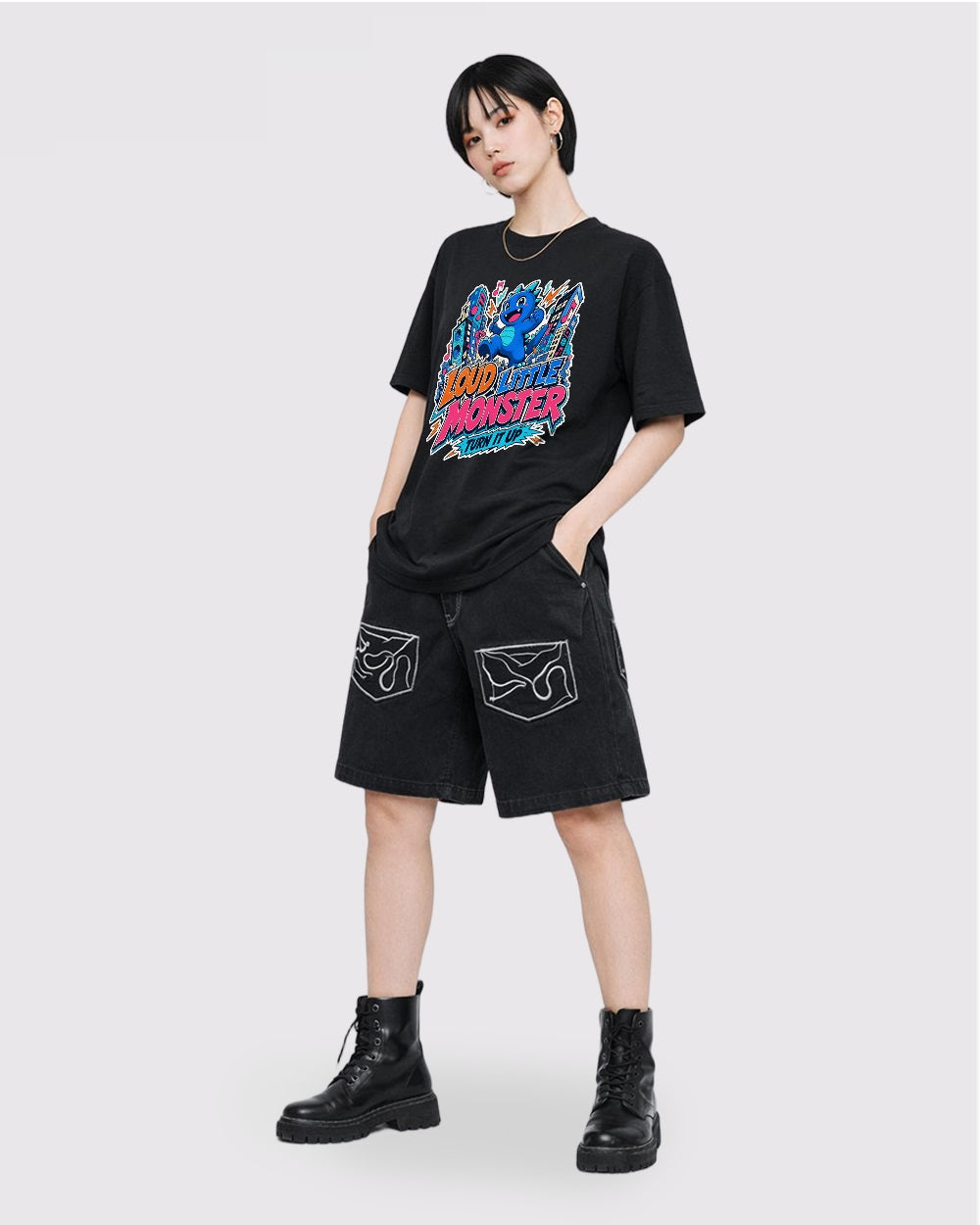Loud Little Monster Turn It Up Streetwear Graphic T-Shirt, full body fit view, image 2