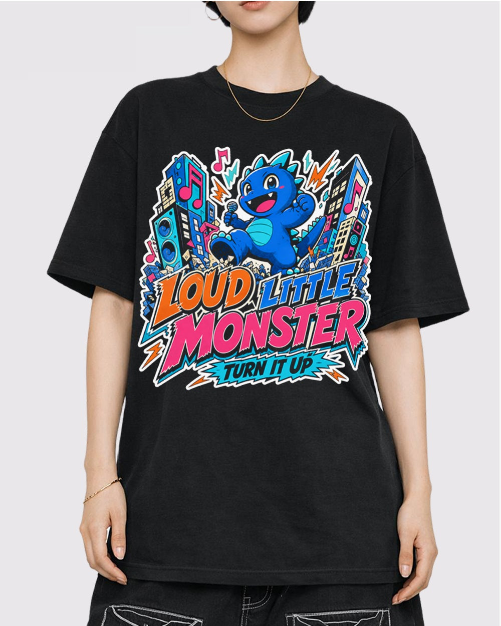 Loud Little Monster Turn It Up Streetwear Graphic T-Shirt, primary front view, image 1