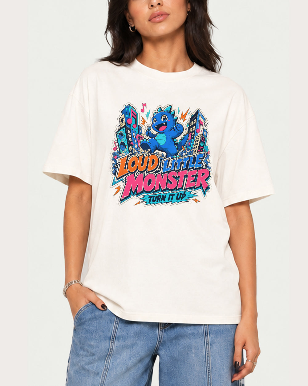 Loud Little Monster Turn It Up Streetwear Graphic T-Shirt in White, front model view 5