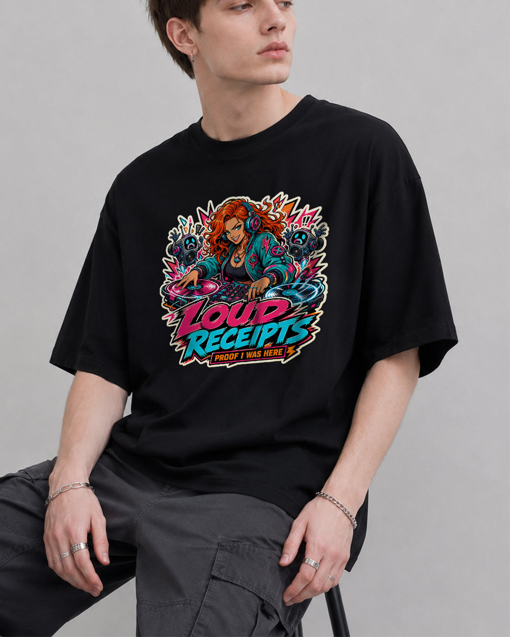 Loud Receipts, Proof I Was Here Streetwear Graphic T-Shirt in Black, front model view 1