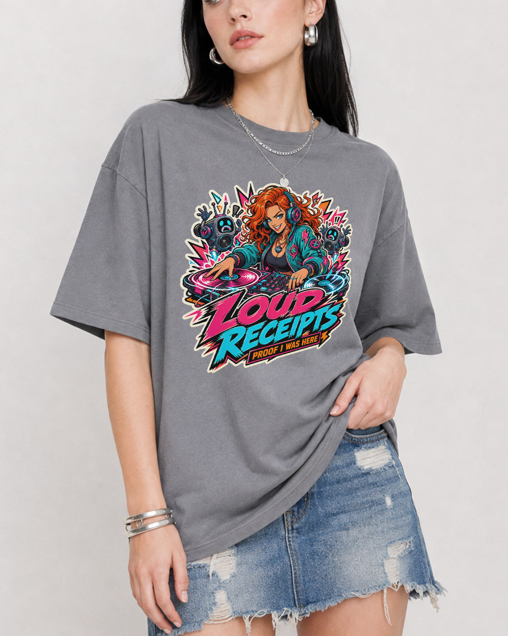Loud Receipts, Proof I Was Here Streetwear Graphic T-Shirt in Gray, front model view 3