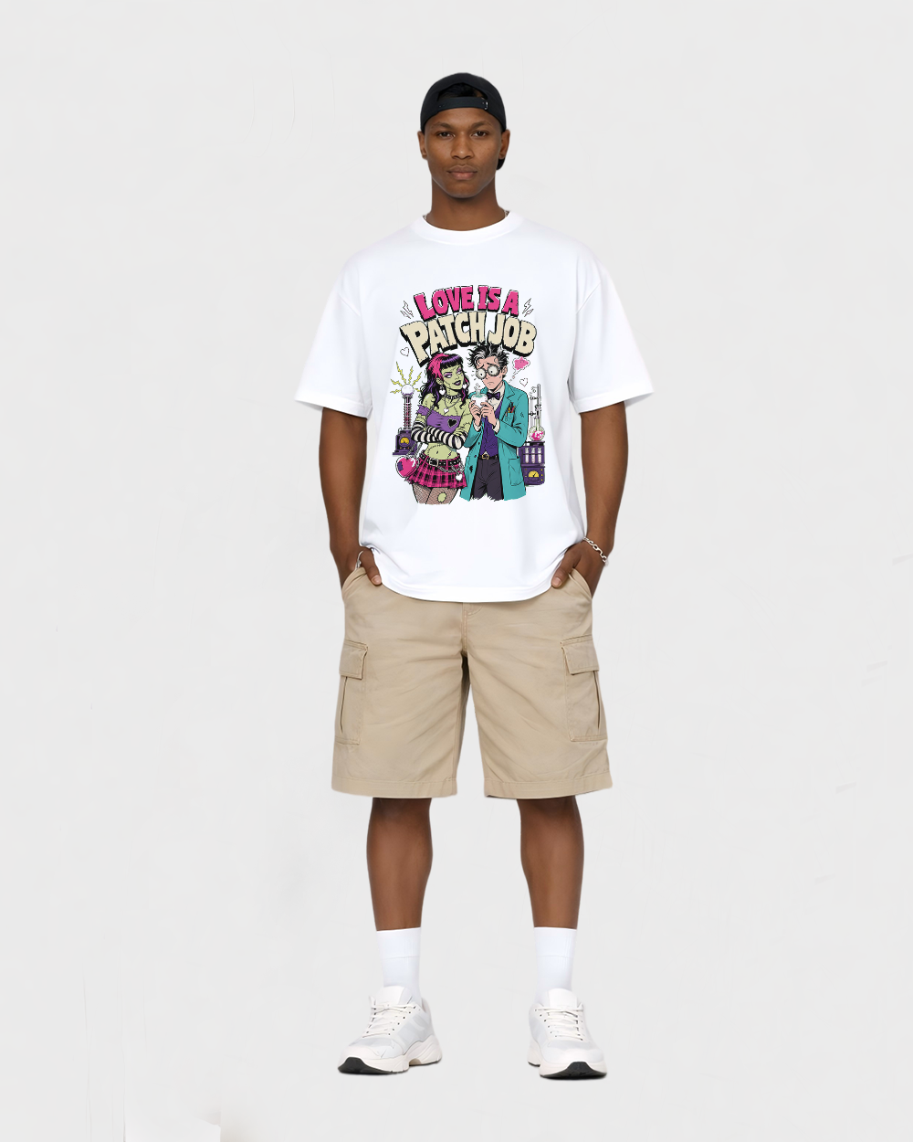 Love Is A Patch Job Heart Retro Graphic T-Shirt, full body fit view, image 2