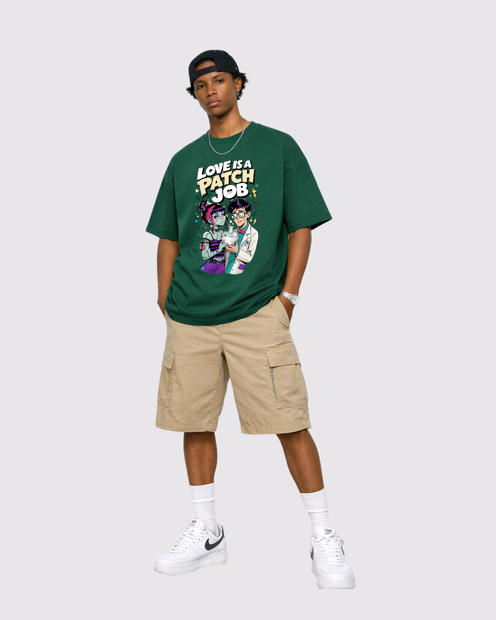 Love Is A Patch Job Retro Graphic T-Shirt, full body fit view, image 2