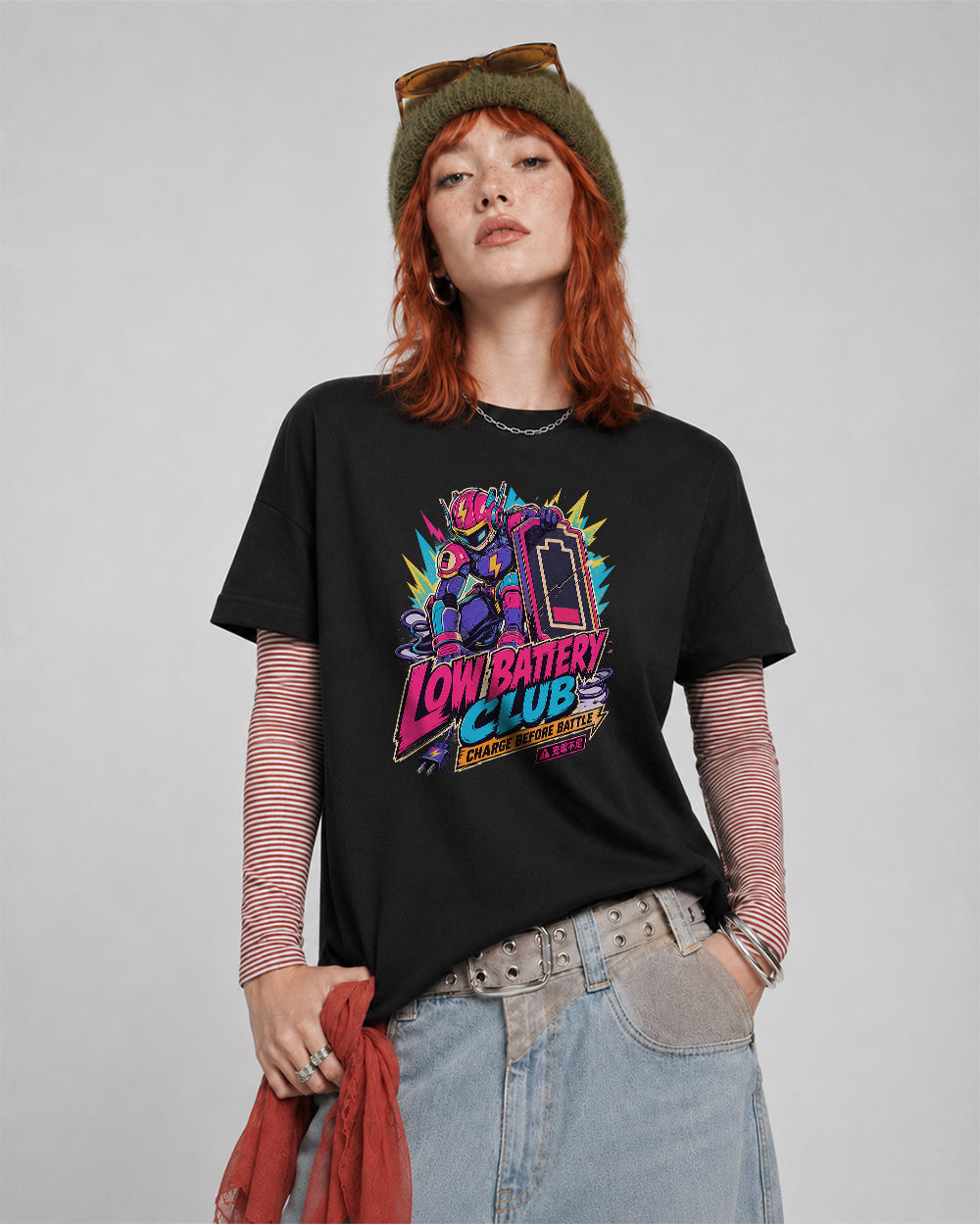 Low Battery Club, Charge Before Battle Streetwear Graphic T-Shirt in Black, front model view 1