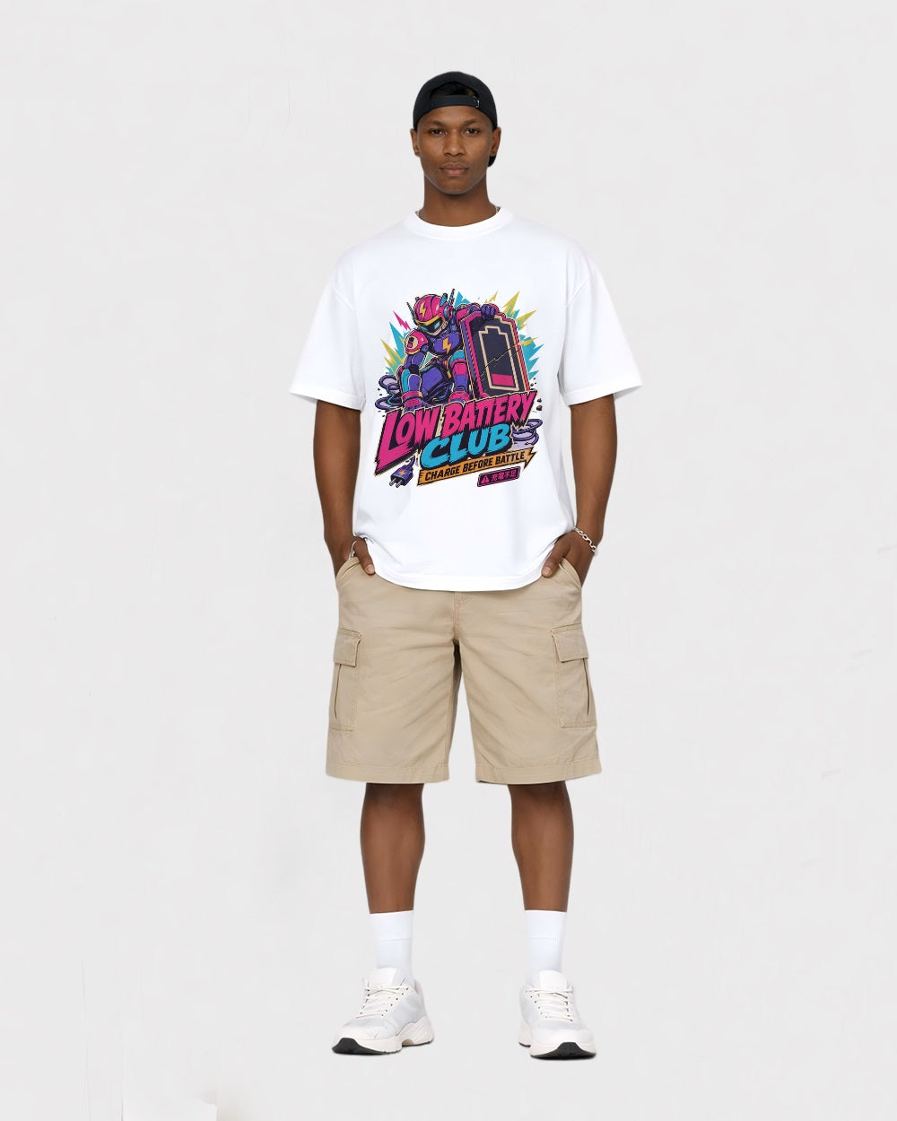 Low Battery Club, Charge Before Battle Streetwear Graphic T-Shirt, full body fit view, image 2