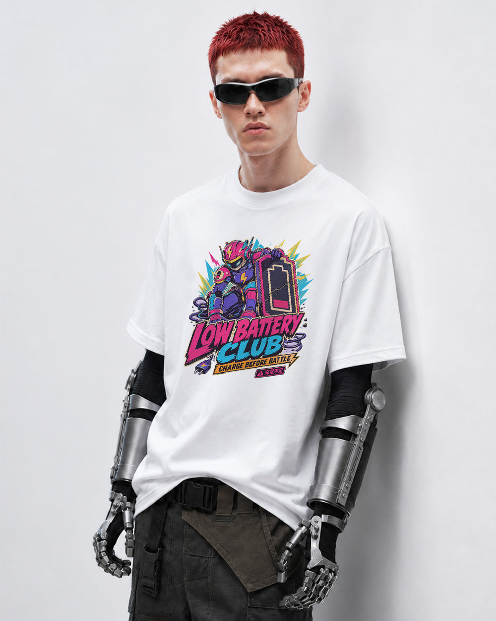 Low Battery Club, Charge Before Battle Streetwear Graphic T-Shirt in White, front model view 5