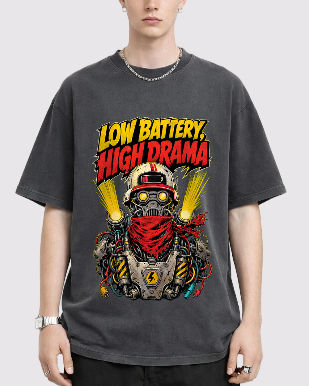 Low Battery High Drama Retro Graphic T-Shirt, primary front view, image 1
