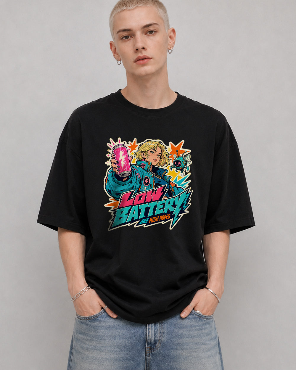 Low Battery, High Hopes Streetwear Graphic T-Shirt in Black, front model view 1