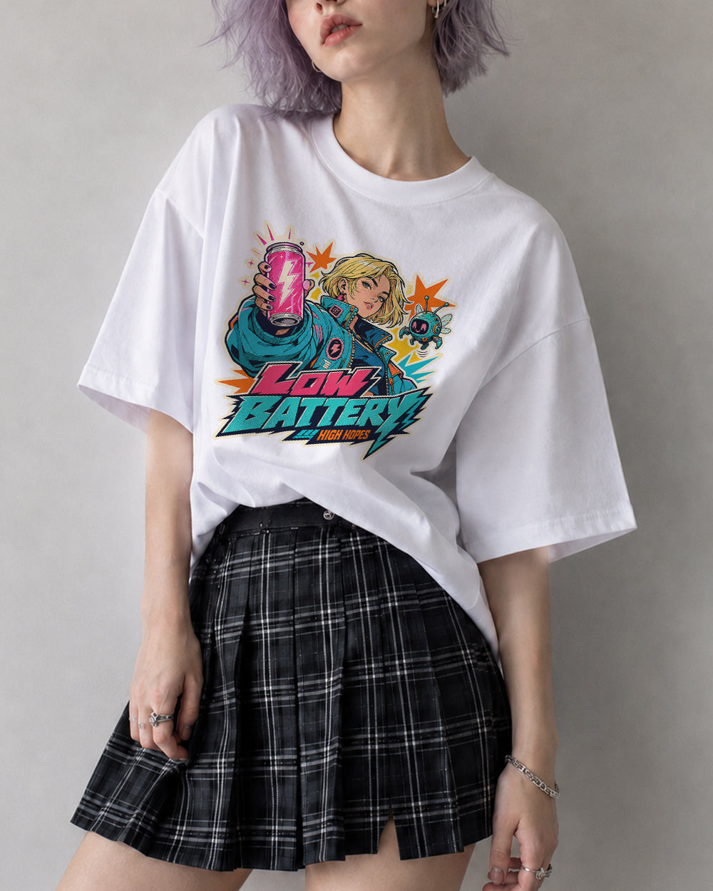 Low Battery, High Hopes Streetwear Graphic T-Shirt in White, front model view 5