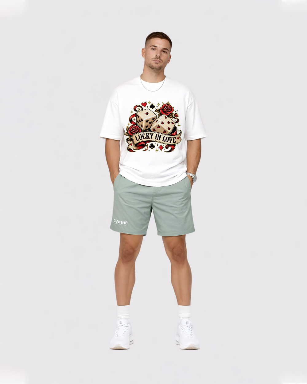 Lucky In Love Retro Graphic T-Shirt, full body fit view, image 2