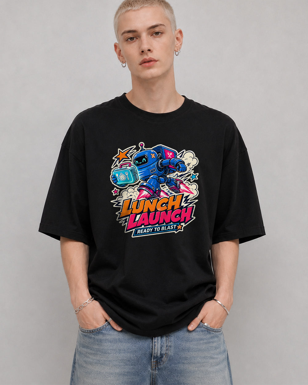 Lunch Launch Ready to Blast Gaming Graphic T-Shirt in Black, front model view 1