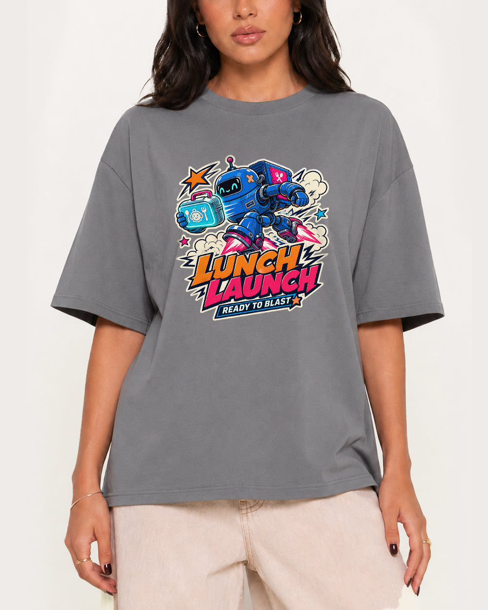 Lunch Launch Ready to Blast Gaming Graphic T-Shirt in Gray, front model view 3