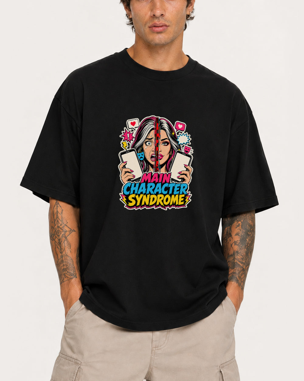 Main Character Syndrome Streetwear Graphic T-Shirt in Black, front model view 1