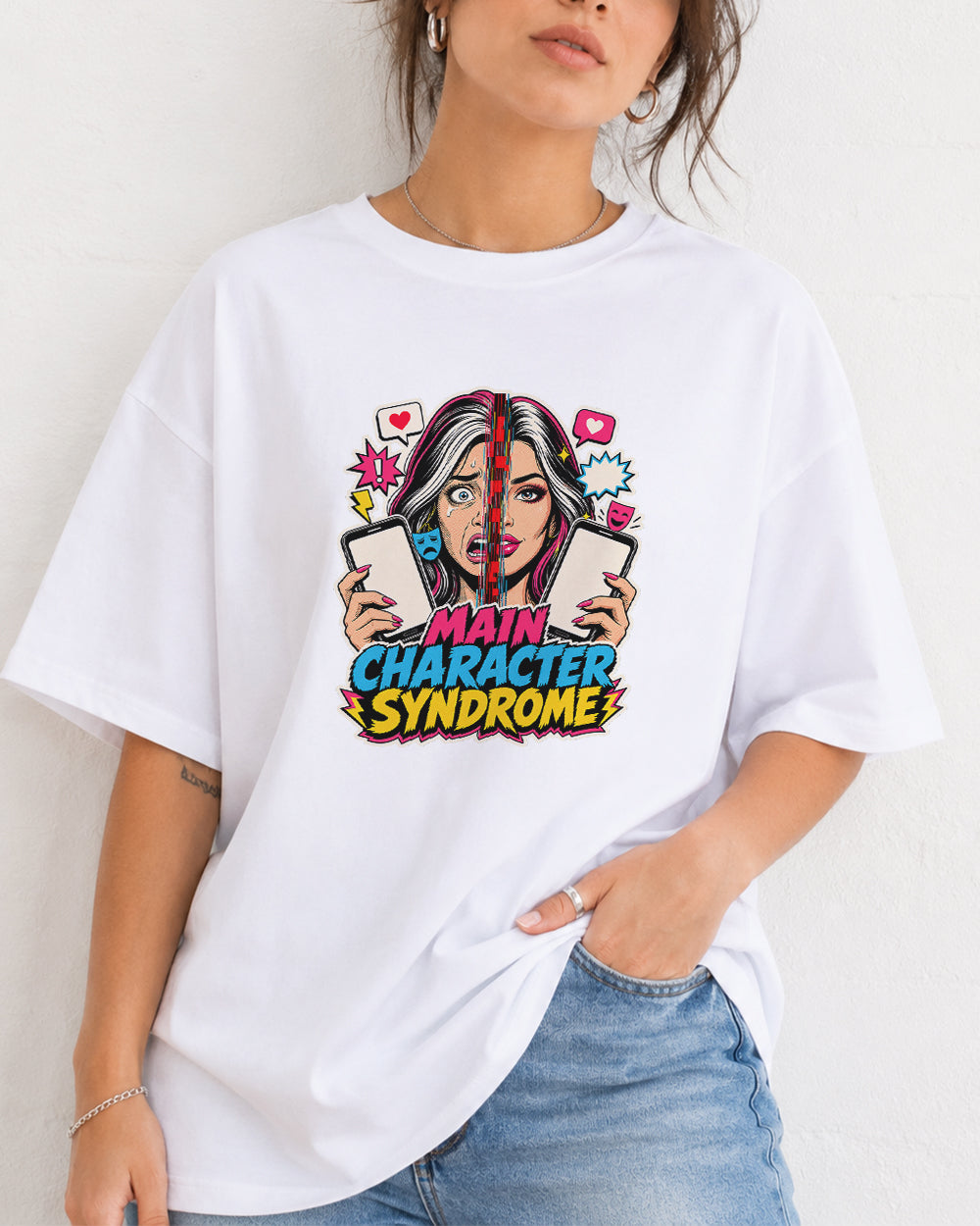 Main Character Syndrome Streetwear Graphic T-Shirt in White, front model view 5