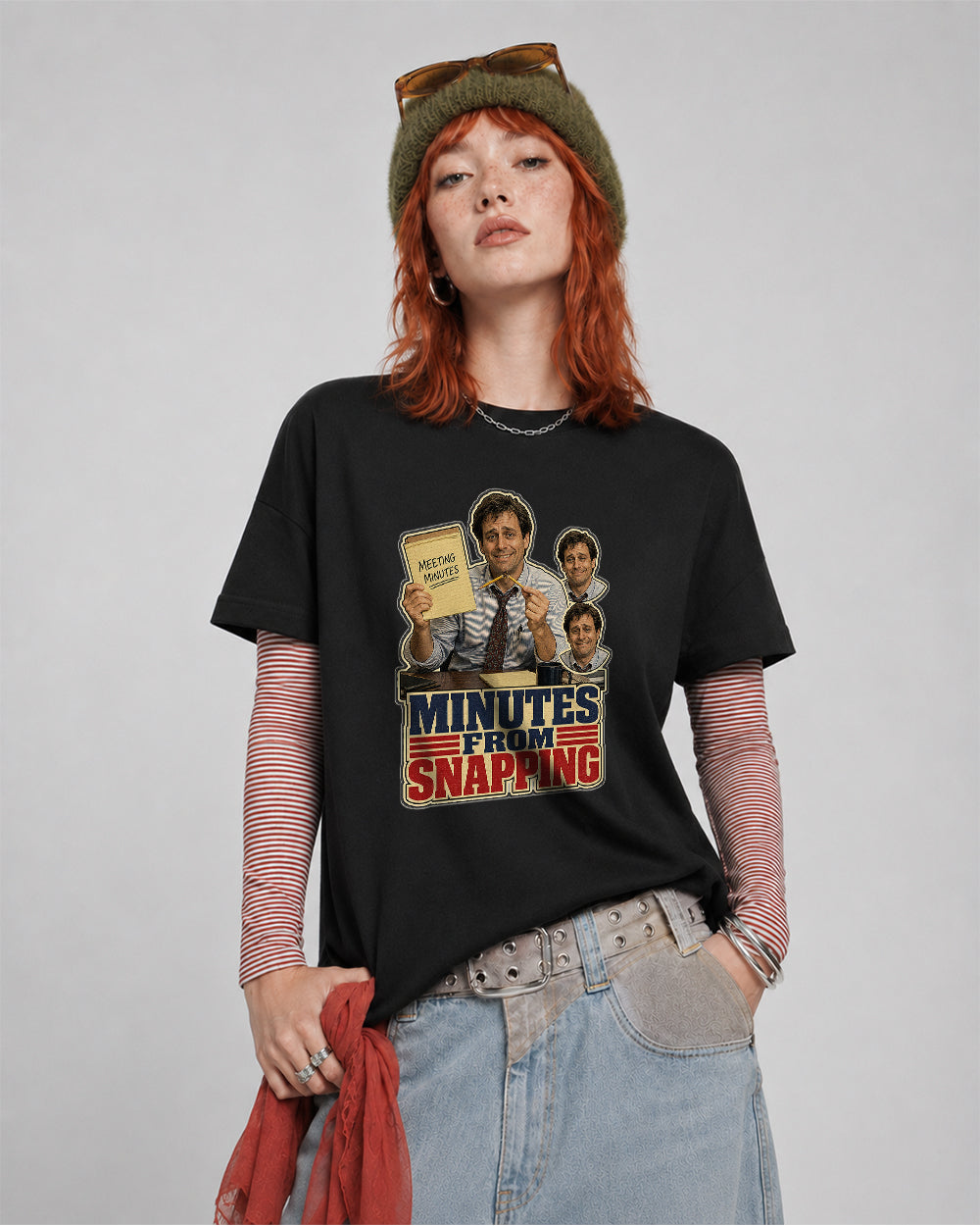 Meeting Minutes From Snapping Pop Culture Graphic T-Shirt in Black, front model view 1