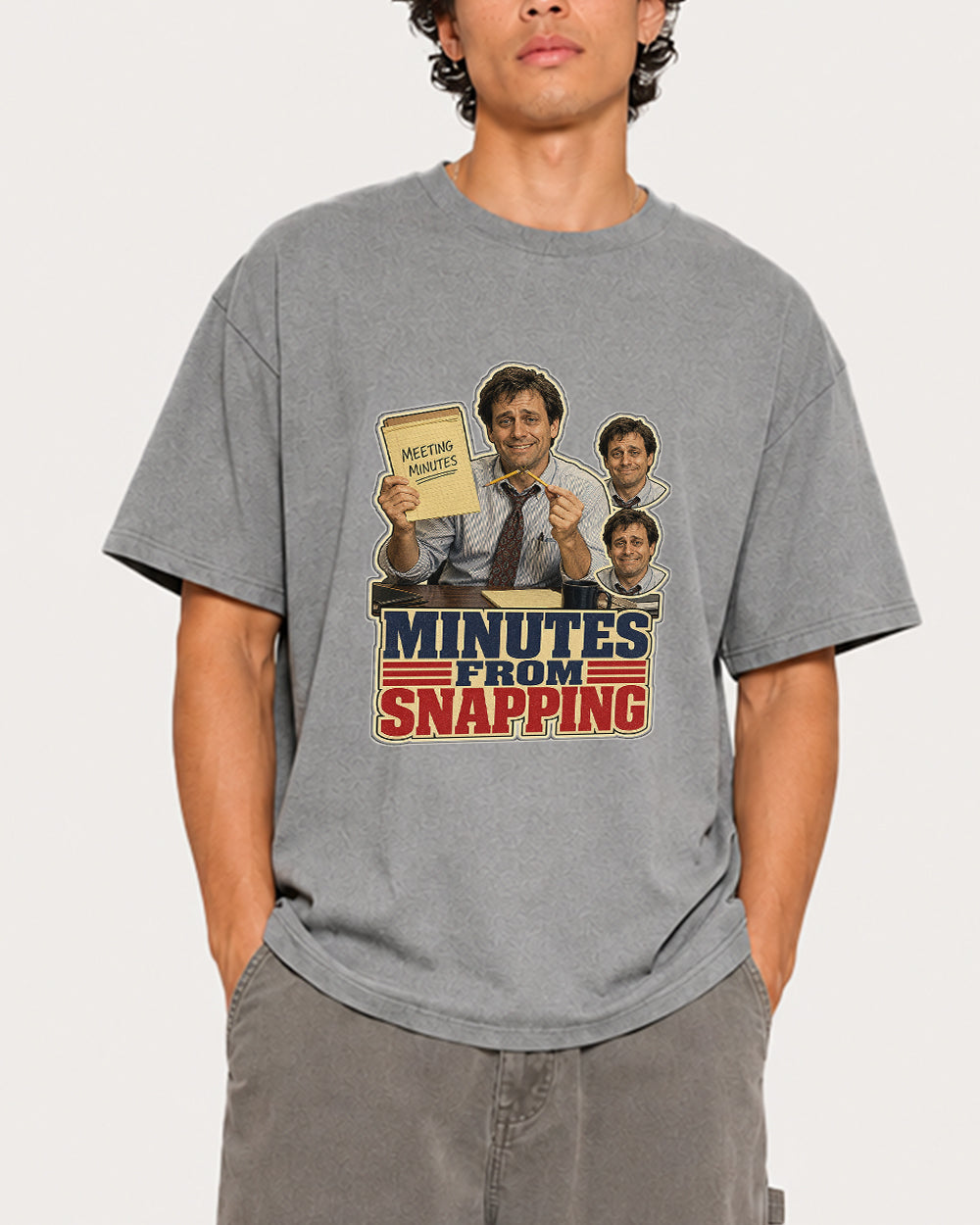 Meeting Minutes From Snapping Pop Culture Graphic T-Shirt in Gray, front model view 3