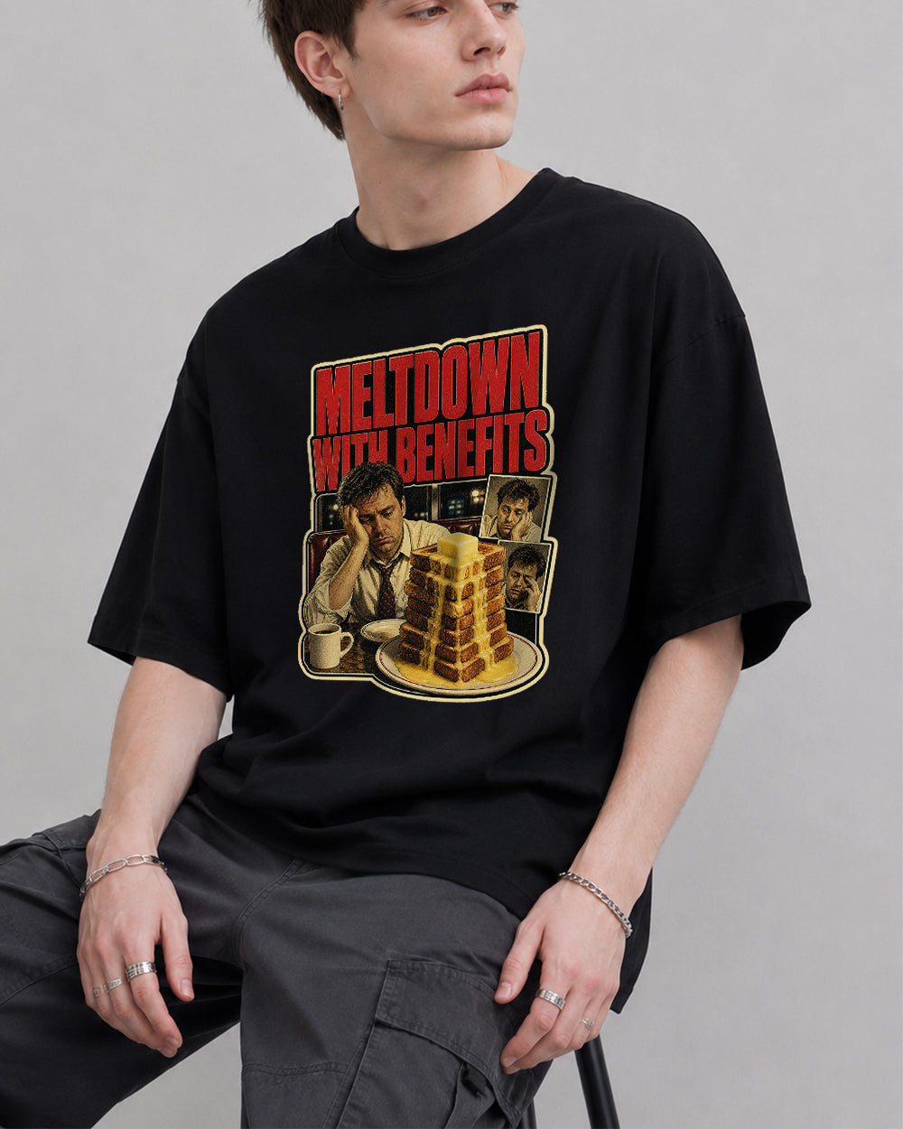 Meltdown With Benefits Pop Culture Graphic T-Shirt in Black, front model view 1