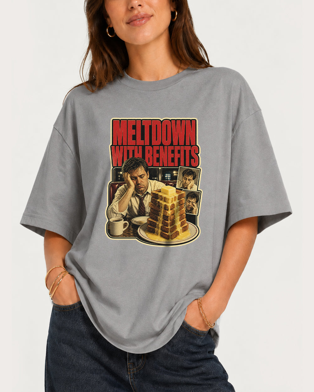 Meltdown With Benefits Pop Culture Graphic T-Shirt in Gray, front model view 3