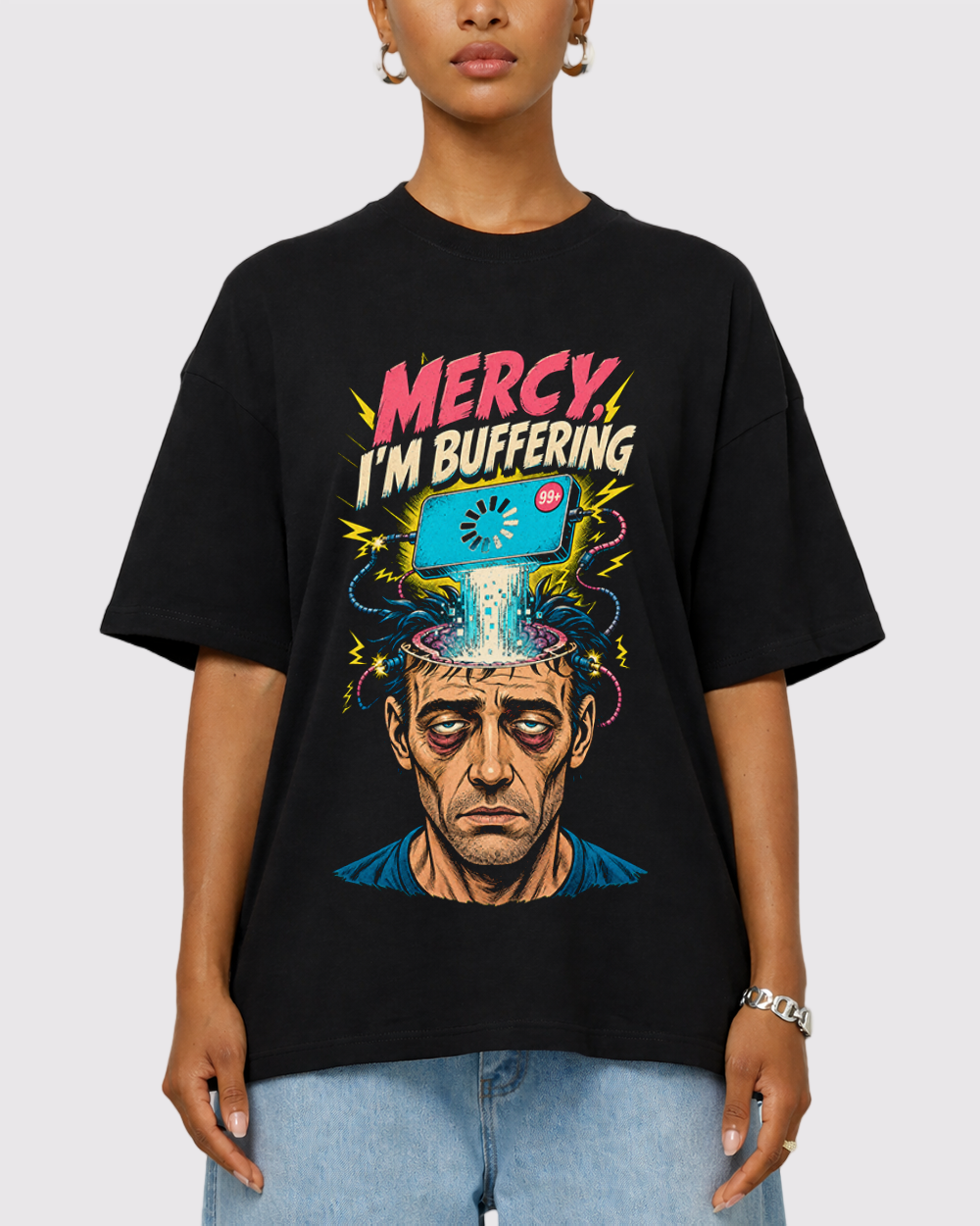 Mercy, I'm Buffering Retro Graphic T-Shirt, primary front view, image 1