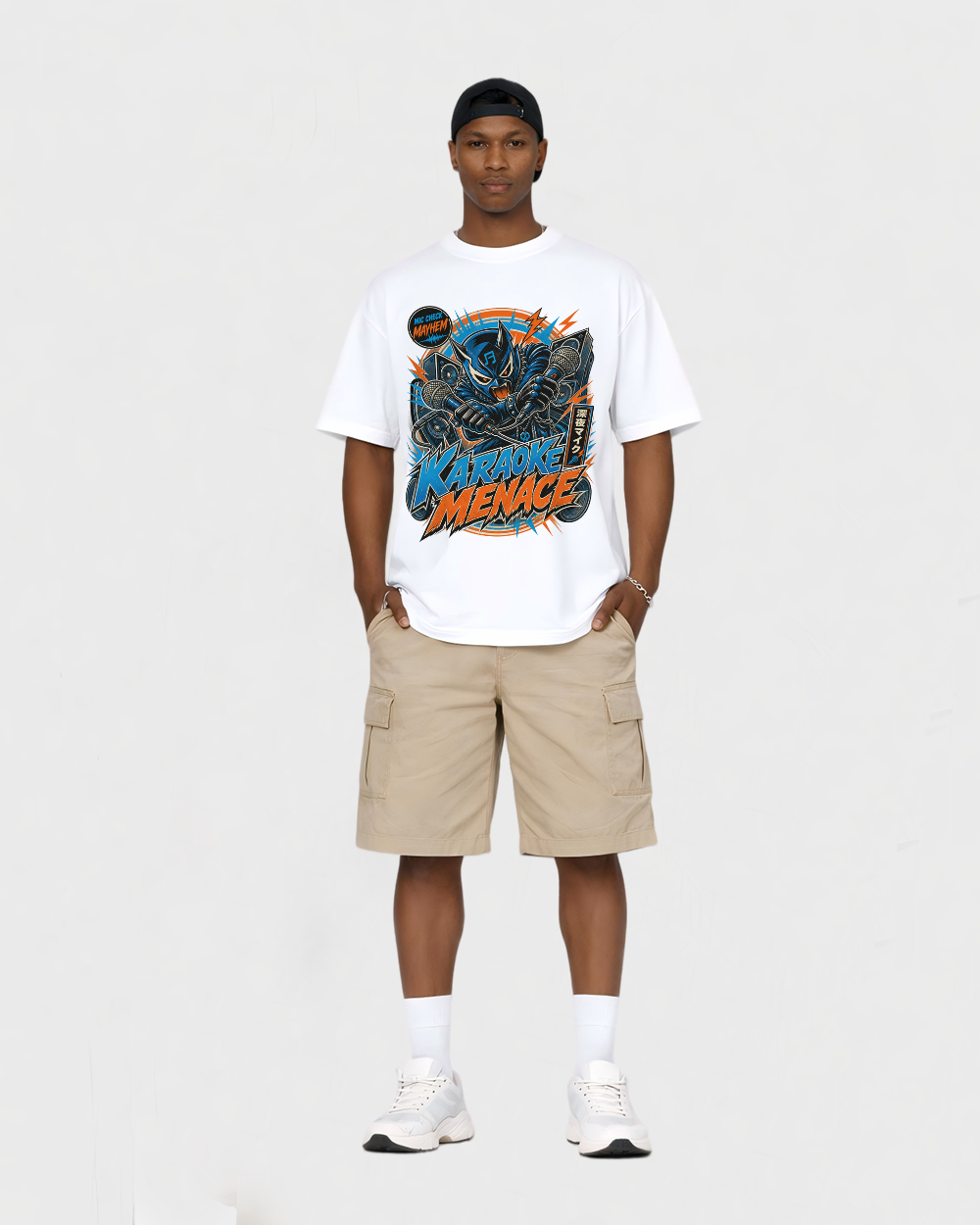 Mic Check Mayhem Karaoke Menace Retro Graphic T-Shirt, full body fit view, image 2
