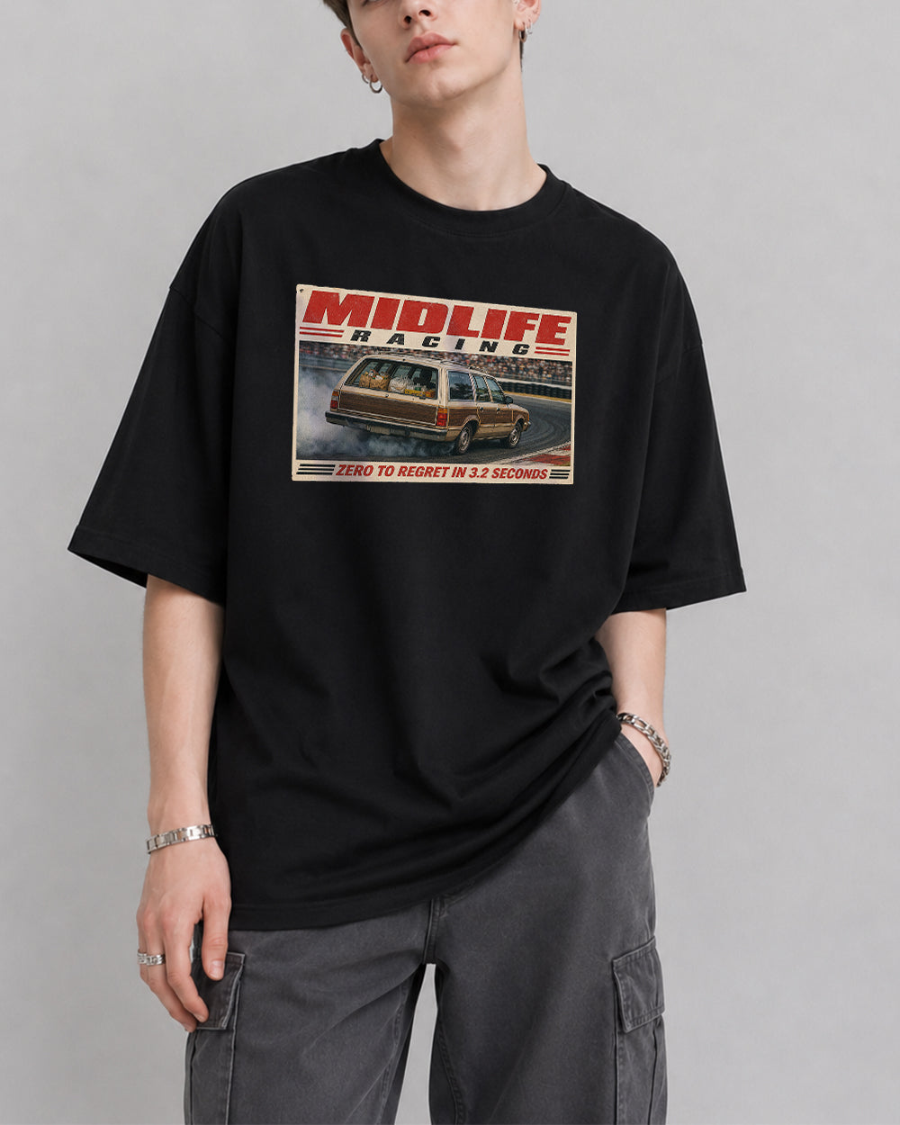 Midlife, Zero To Regret In 3.2 Seconds Pop Culture Graphic T-Shirt in Black, front model view 1