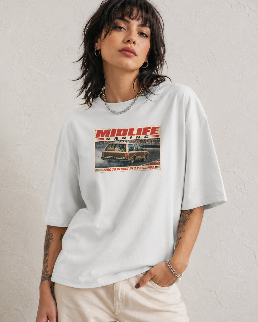 Midlife, Zero To Regret In 3.2 Seconds Pop Culture Graphic T-Shirt in White, front model view 7