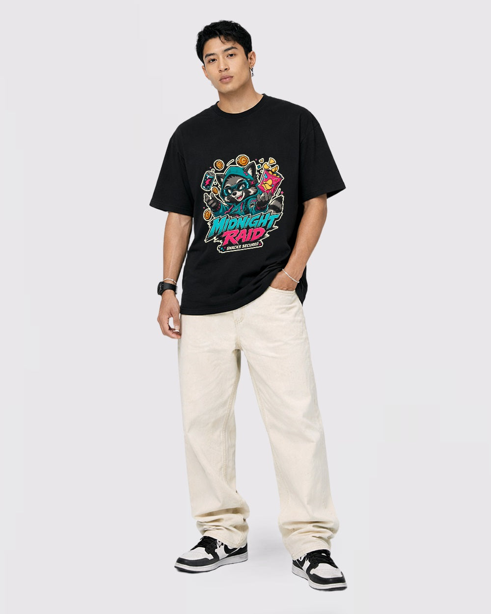 Beige Midnight Raid Graphic T-Shirt full body fit view 2 image
