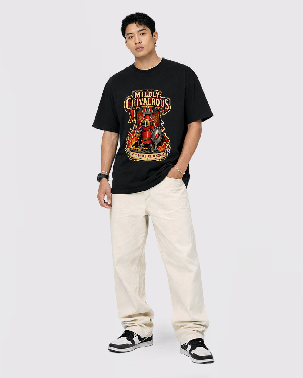 Mildly Chivalrous, Hot Sauce Cold Honor Food Graphic T-Shirt, full body fit view, image 2