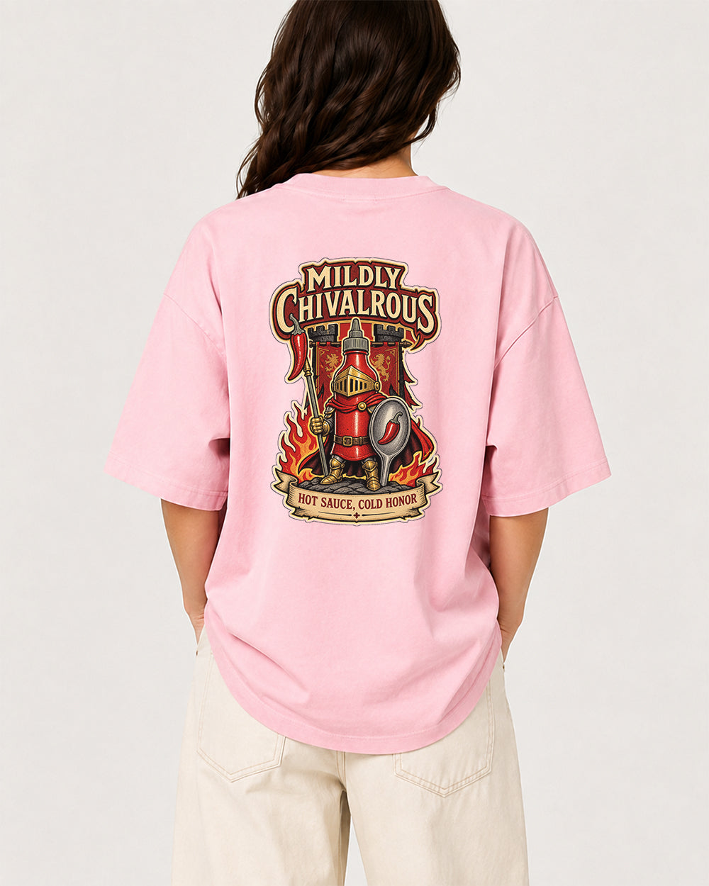 Mildly Chivalrous, Hot Sauce Cold Honor Food Graphic T-Shirt in Pink, back model view 1