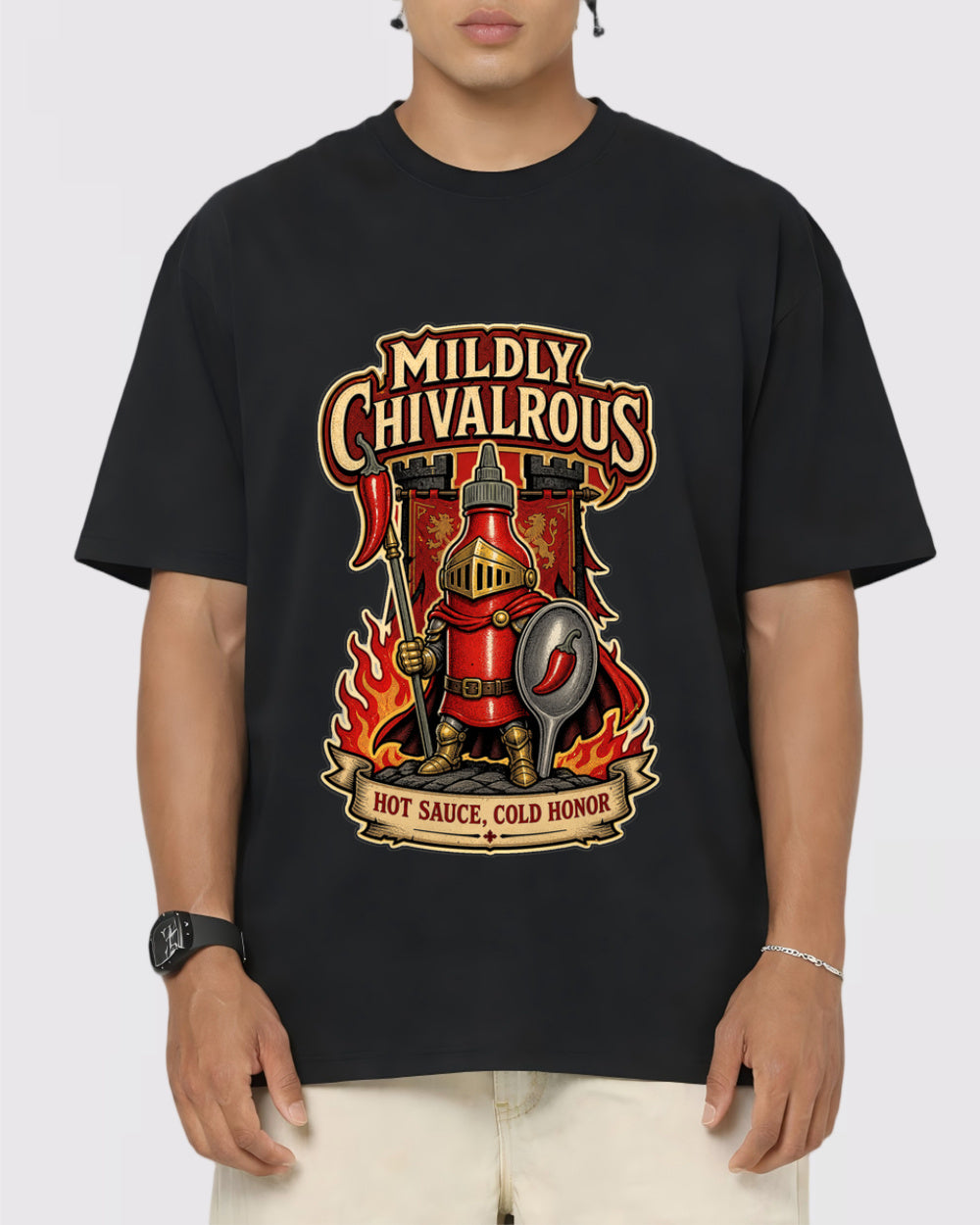 Mildly Chivalrous, Hot Sauce Cold Honor Food Graphic T-Shirt, primary front view, image 1