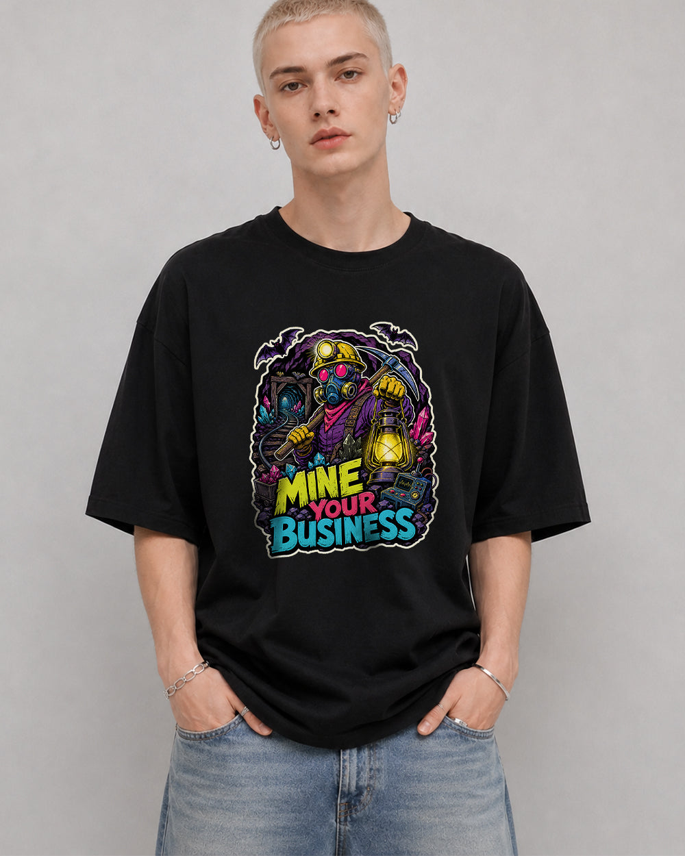 Mine Your Business Retro Graphic T-Shirt in Black, front model view 1
