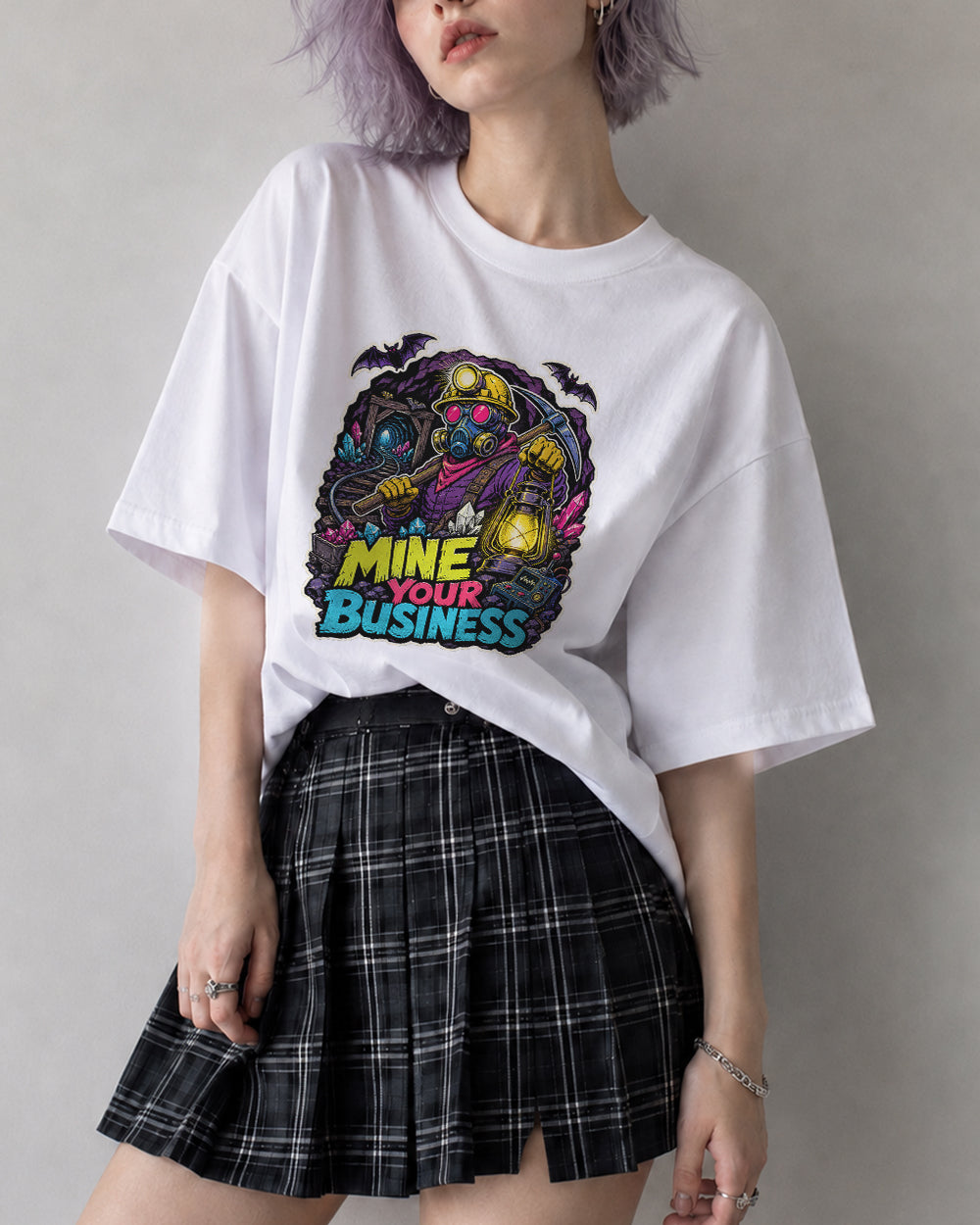 Mine Your Business Retro Graphic T-Shirt in White, front model view 7