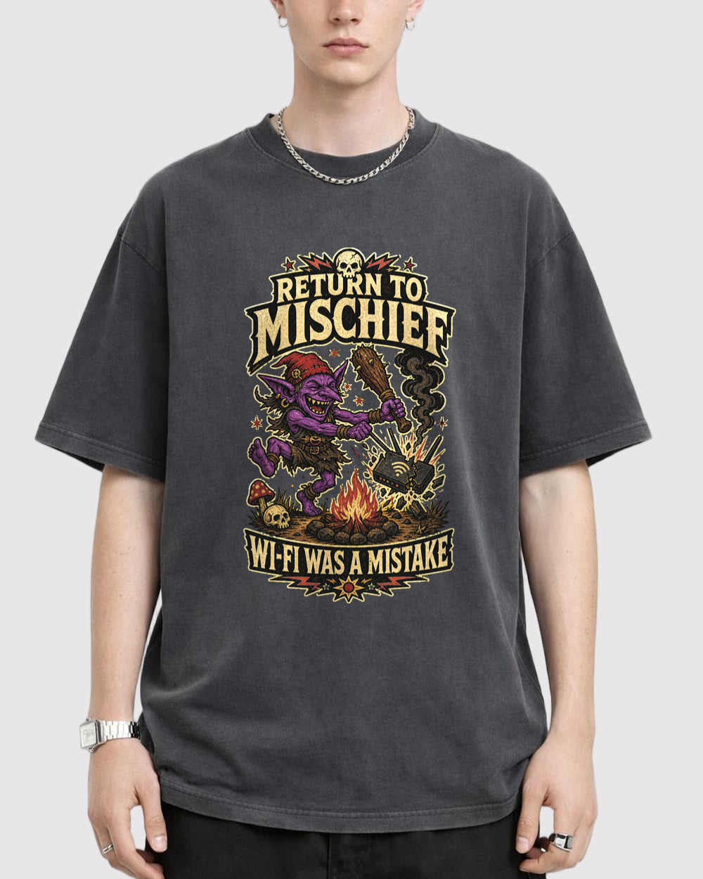 Mischief Mode, WiFi Was A Mistake Dark Graphic T-Shirt, primary front view, image 1