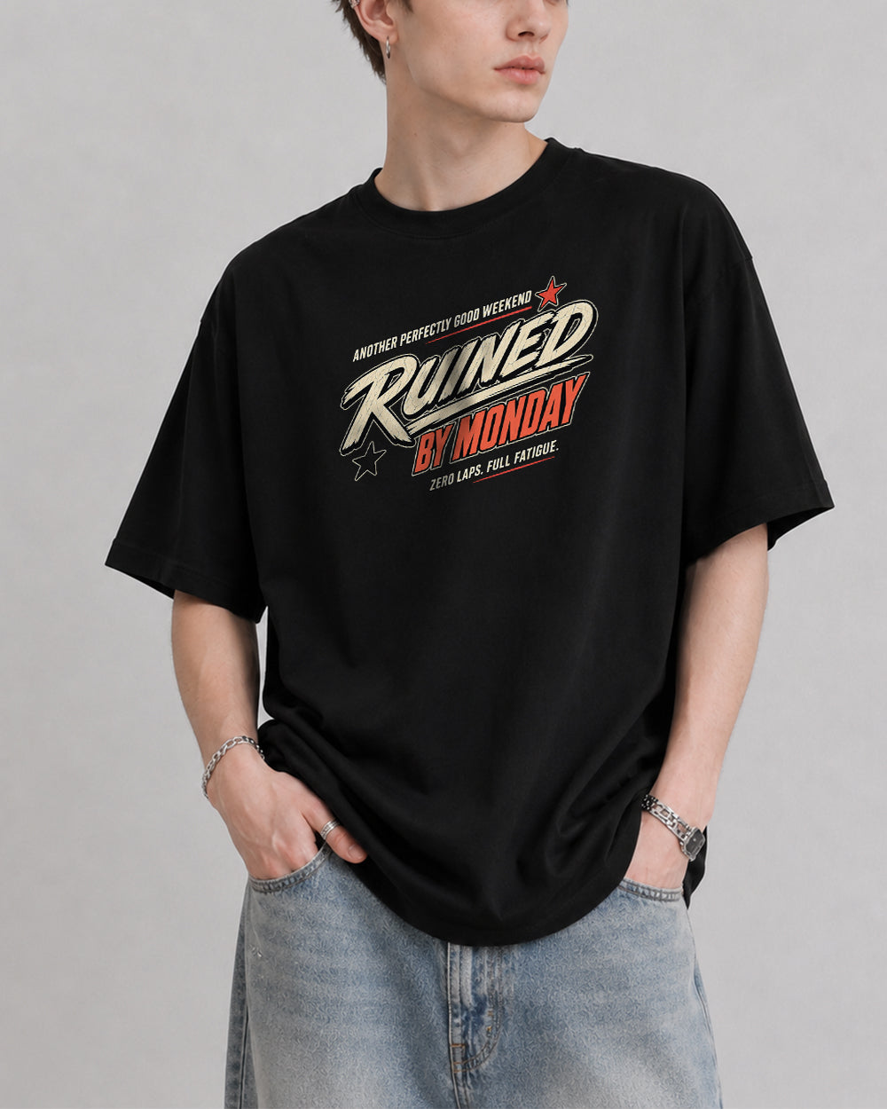 Monday Ruined Another Weekend Pop Culture Graphic T-Shirt in Black, front model view 1