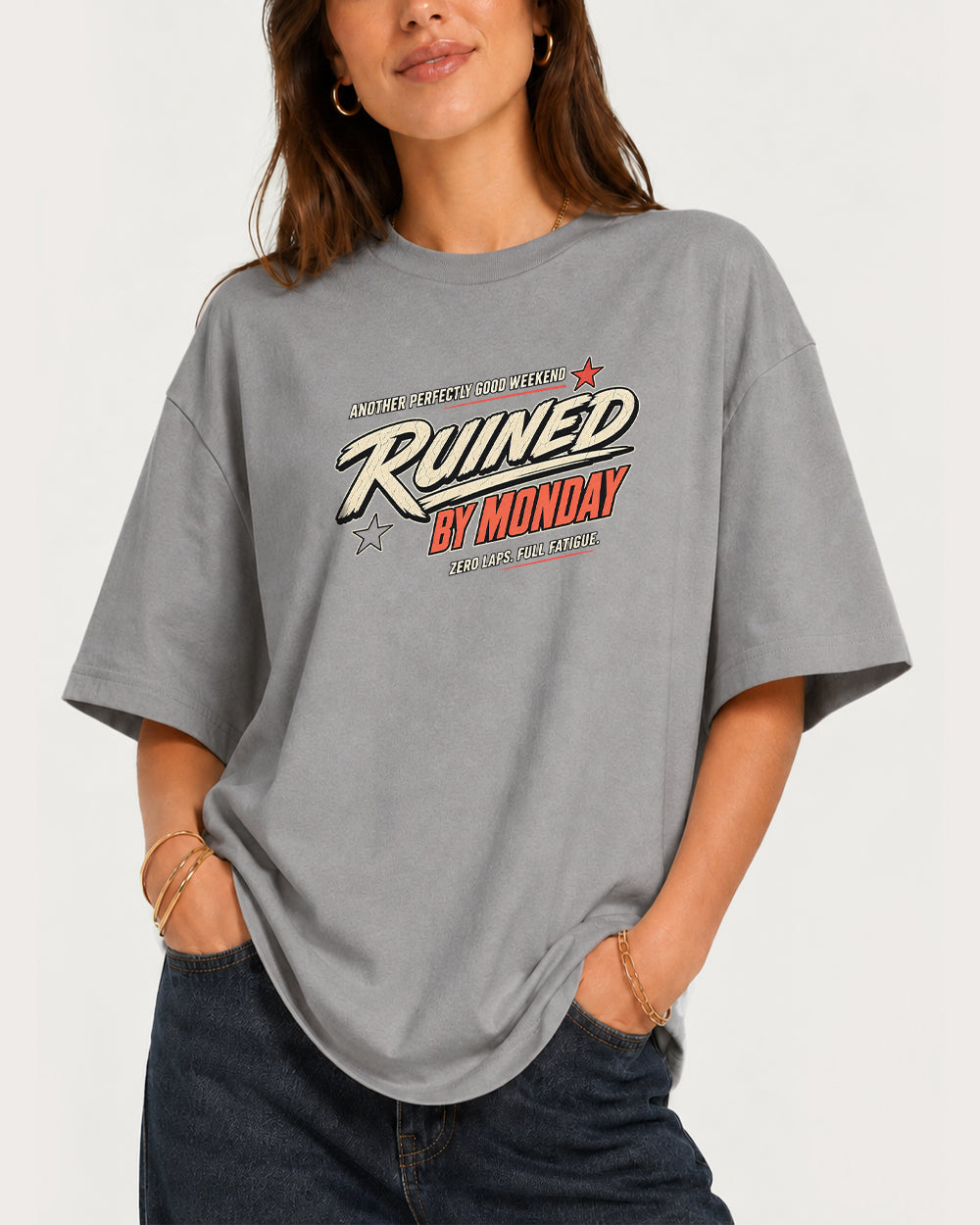 Monday Ruined Another Weekend Pop Culture Graphic T-Shirt in Gray, front model view 3
