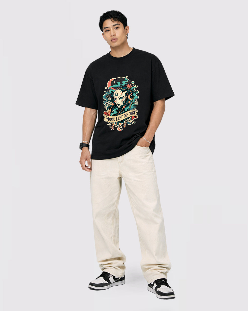Mood Left the Chat Dark Graphic T-Shirt, full body fit view, image 2