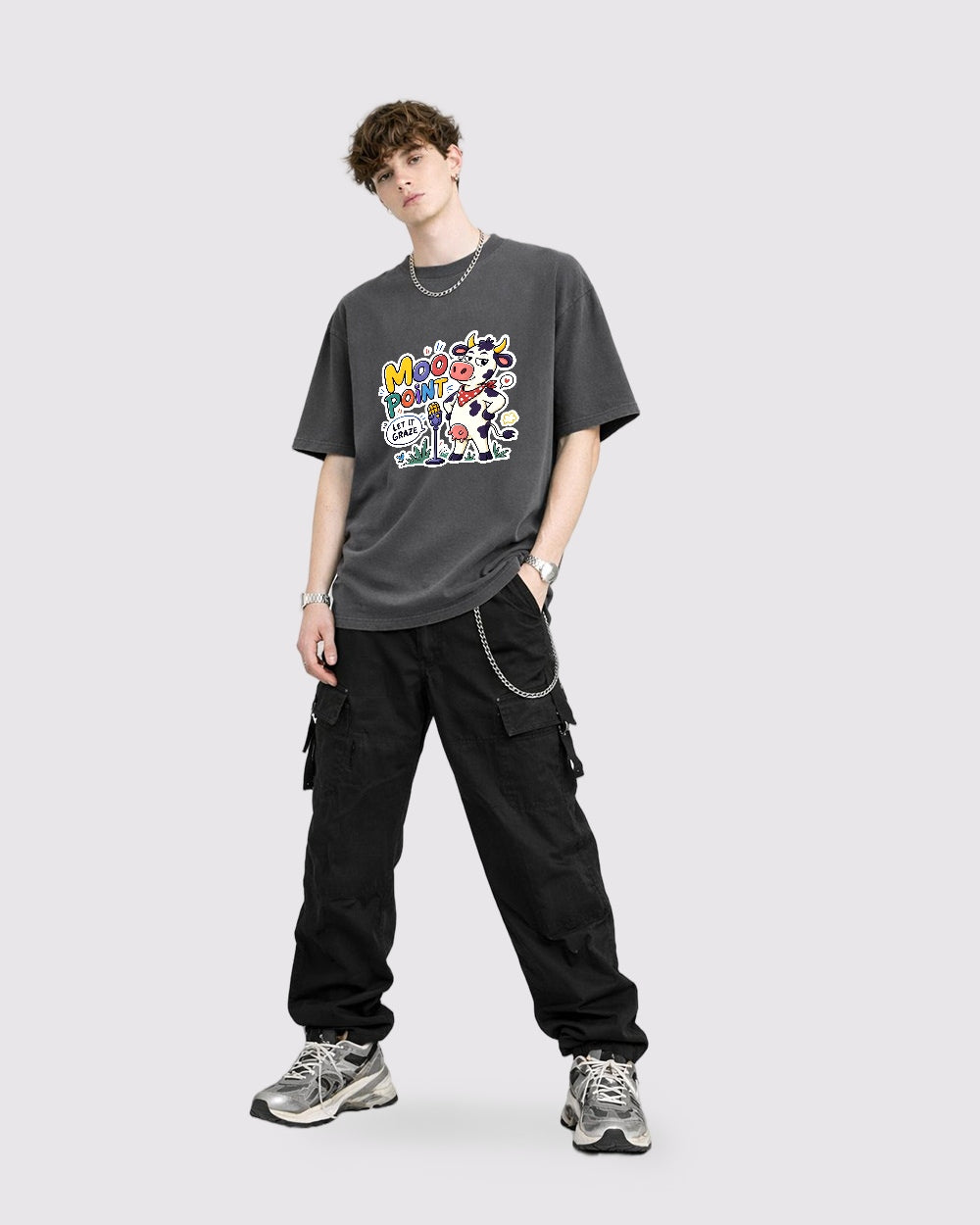 Beige Mood Point Cat Graphic T-Shirt full body fit view 2 image