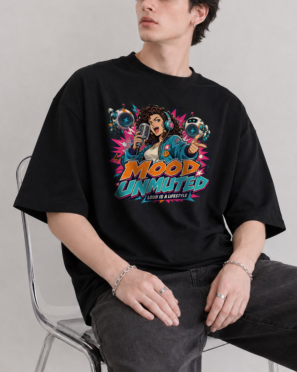 Mood Unmuted, Loud Is A Lifestyle Streetwear Graphic T-Shirt in Black, front model view 1