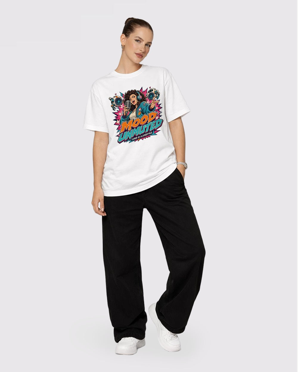 Mood Unmuted, Loud Is A Lifestyle Streetwear Graphic T-Shirt, full body fit view, image 2
