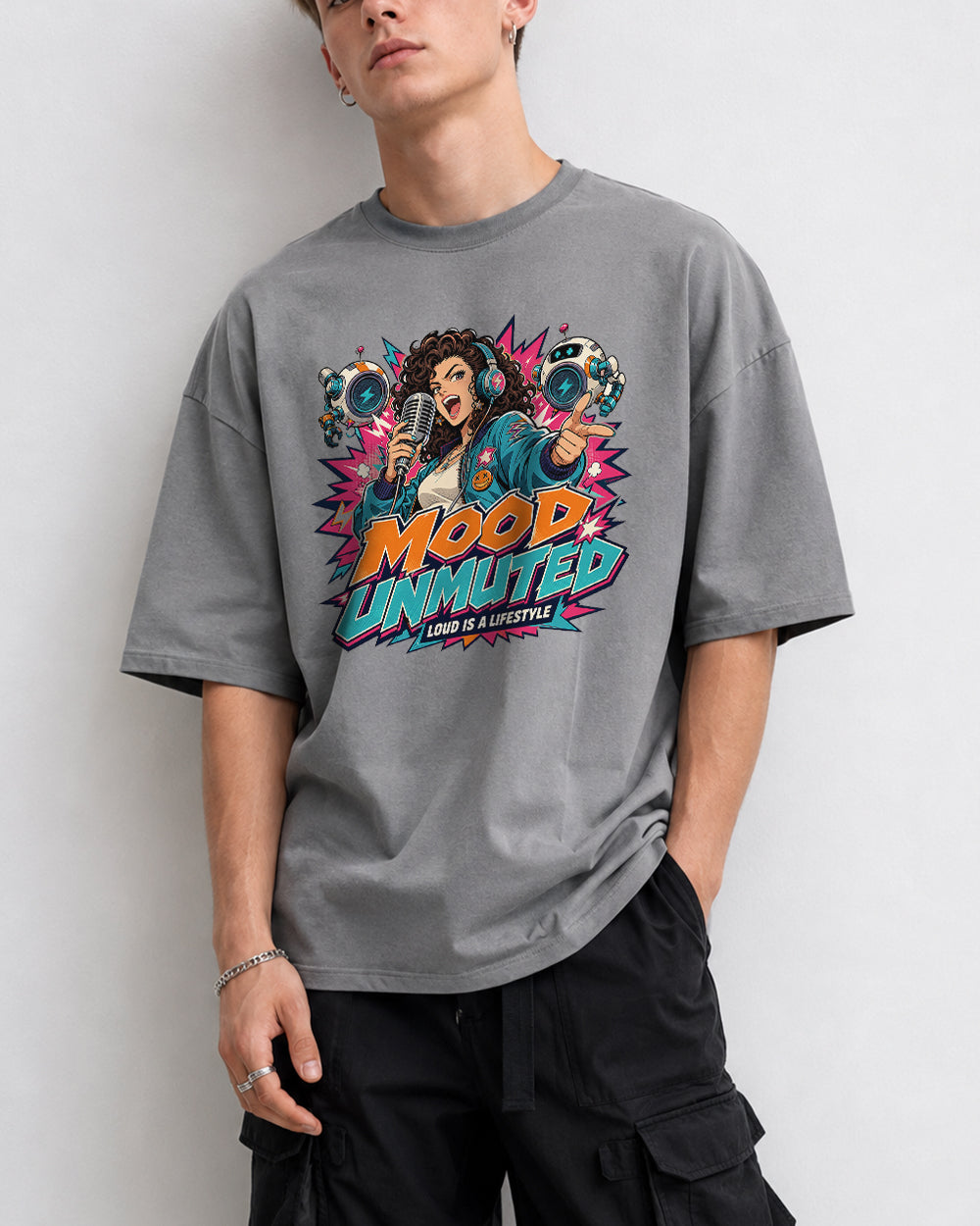 Mood Unmuted, Loud Is A Lifestyle Streetwear Graphic T-Shirt in Gray, front model view 3